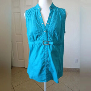 Express Design Studio Top Women’s L Blue Sleeveless Snap Front Belt Cotton Blend